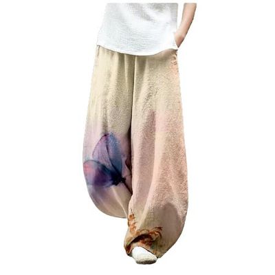 DMOYALA Women's Cotton Linen Pants Casual Baggy Pants Boho Printed Elastic High Waist Relax Fit Lantern Trouser Plus Size Linen Pants Women Wide Leg Sweatpants Women Tie Dye Butterfly 5XL
