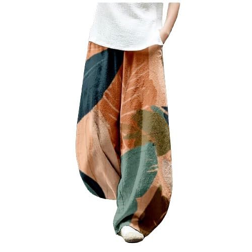 DMOYALA Women's Cotton Linen Pants Casual Baggy Pants Boho Printed Elastic High Waist Relax Fit Lantern Trouser Plus Size Linen Pants Women Wide Leg Sweatpants Women Boho Hawaiian S