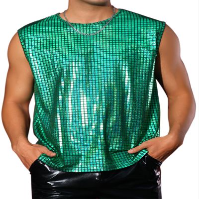Lars Amadeus Green Metallic Tank Top for Men's Sleeveless Party Club Shining Vest Large Green