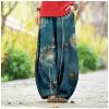 DMOYALA Women's Cotton Linen Pants Casual Baggy Pants Boho Printed Elastic High Waist Relax Fit Lantern Trouser Plus Size Linen Pants Women Wide Leg Sweatpants Women Navy Butterfly 2XL view 3