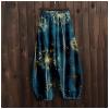 DMOYALA Women's Cotton Linen Pants Casual Baggy Pants Boho Printed Elastic High Waist Relax Fit Lantern Trouser Plus Size Linen Pants Women Wide Leg Sweatpants Women Navy Butterfly 2XL view 4
