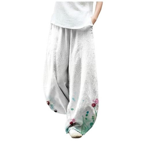 DMOYALA Women's Cotton Linen Pants Casual Baggy Pants Boho Printed Elastic High Waist Relax Fit Lantern Trouser Plus Size Linen Pants Women Wide Leg Sweatpants Women White Dandelion 2XL