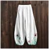 DMOYALA Women's Cotton Linen Pants Casual Baggy Pants Boho Printed Elastic High Waist Relax Fit Lantern Trouser Plus Size Linen Pants Women Wide Leg Sweatpants Women White Dandelion 2XL view 4
