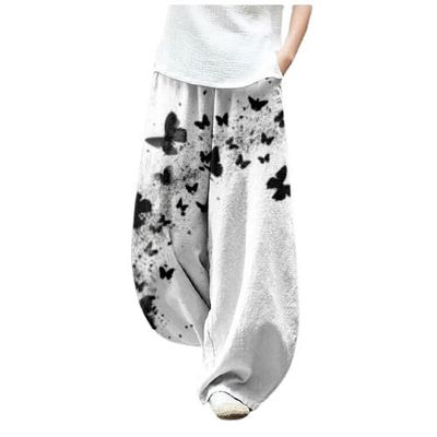 DMOYALA Women's Cotton Linen Pants Casual Baggy Pants Boho Printed Elastic High Waist Relax Fit Lantern Trouser Plus Size Linen Pants Women Wide Leg Sweatpants Women White Black Butterfly M