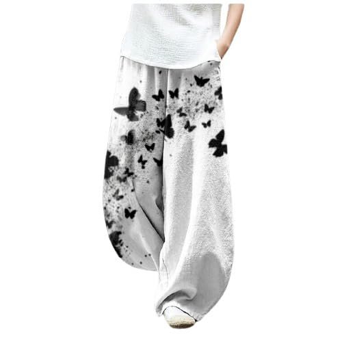 DMOYALA Women's Cotton Linen Pants Casual Baggy Pants Boho Printed Elastic High Waist Relax Fit Lantern Trouser Plus Size Linen Pants Women Wide Leg Sweatpants Women White Black Butterfly M