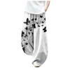 DMOYALA Women's Cotton Linen Pants Casual Baggy Pants Boho Printed Elastic High Waist Relax Fit Lantern Trouser Plus Size Linen Pants Women Wide Leg Sweatpants Women White Black Butterfly M view 1