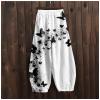 DMOYALA Women's Cotton Linen Pants Casual Baggy Pants Boho Printed Elastic High Waist Relax Fit Lantern Trouser Plus Size Linen Pants Women Wide Leg Sweatpants Women White Black Butterfly M view 4