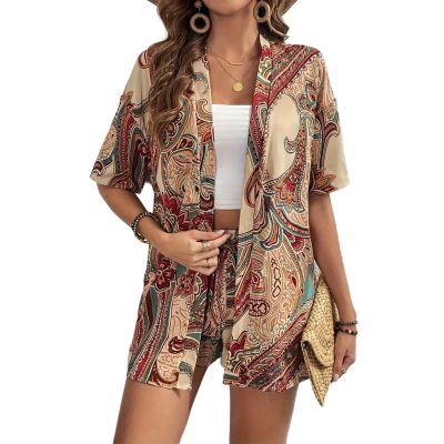 CROSTRITON Womens Boho 2 Piece Outfits Short Sleeve Kimono Cardigan Casual Vocation Shirts Shorts Set