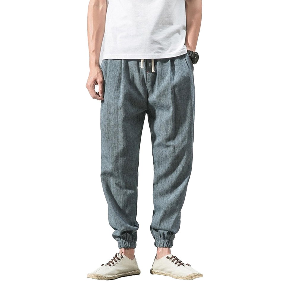 Maiyifu-GJ Men's Casual Cotton Linen Pants Lightweight Loose Yoga Jogger Pants Elastic Waist Drawstring Summer Trousers (Light Blue,4X-Large)
