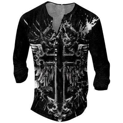 DMOYALA Cool Shirts Boys Distressed Henley Shirts Long Sleeve Cotton T-Shirts Vintage Graphic Tee Washed Streetwear Retro Tee Cross Graphic T-Shirts Black 3XL