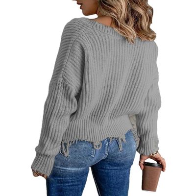Women Casual Deep V-Neck Tassel Knitted Pullover Sweater Solid Color Soft Warm Long Sleeve Jumpers Gray XL