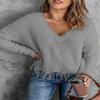 Women Casual Deep V-Neck Tassel Knitted Pullover Sweater Solid Color Soft Warm Long Sleeve Jumpers Gray XL view 4