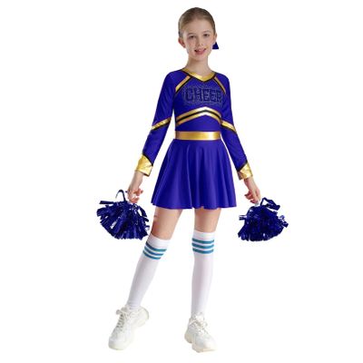FEESHOW Kids Girls Cheerleading Outfits Cheer Leader Long Sleeve Dance Dress with Pom Poms Set Halloween Uniform Costume Blue 16 Years