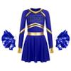 FEESHOW Kids Girls Cheerleading Outfits Cheer Leader Long Sleeve Dance Dress with Pom Poms Set Halloween Uniform Costume Blue 16 Years view 3