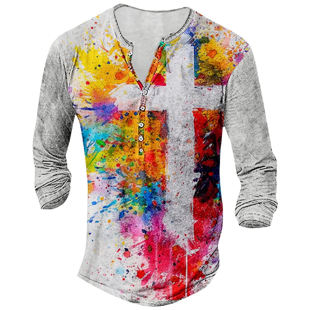 DMOYALA Mens Distressed Henley Shirts Long Sleeve Cotton T-Shirts Vintage Graphic Tee Washed Streetwear Retro Tee Big and Tall Slim Tee Cross Printed Tops 4XL