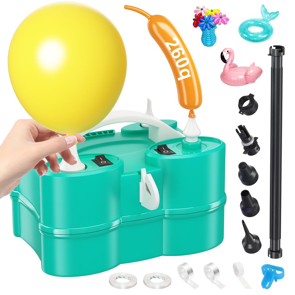 Electric Balloon Pump, Dagelar 3-in-1 Air Pump for Inflatables and Balloons, Portable Balloon Pump for Latex 260Q Long Foil Balloons, 110V Dual Nozzle Inflator Deflator for Pool Floats Air Beds (Teal)