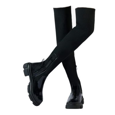 Women's Over The Knee Thigh Low Chunky Heel Boots Round-Toe Side Zip Knit Sock Long Boots Platform Chunky Heel Booties