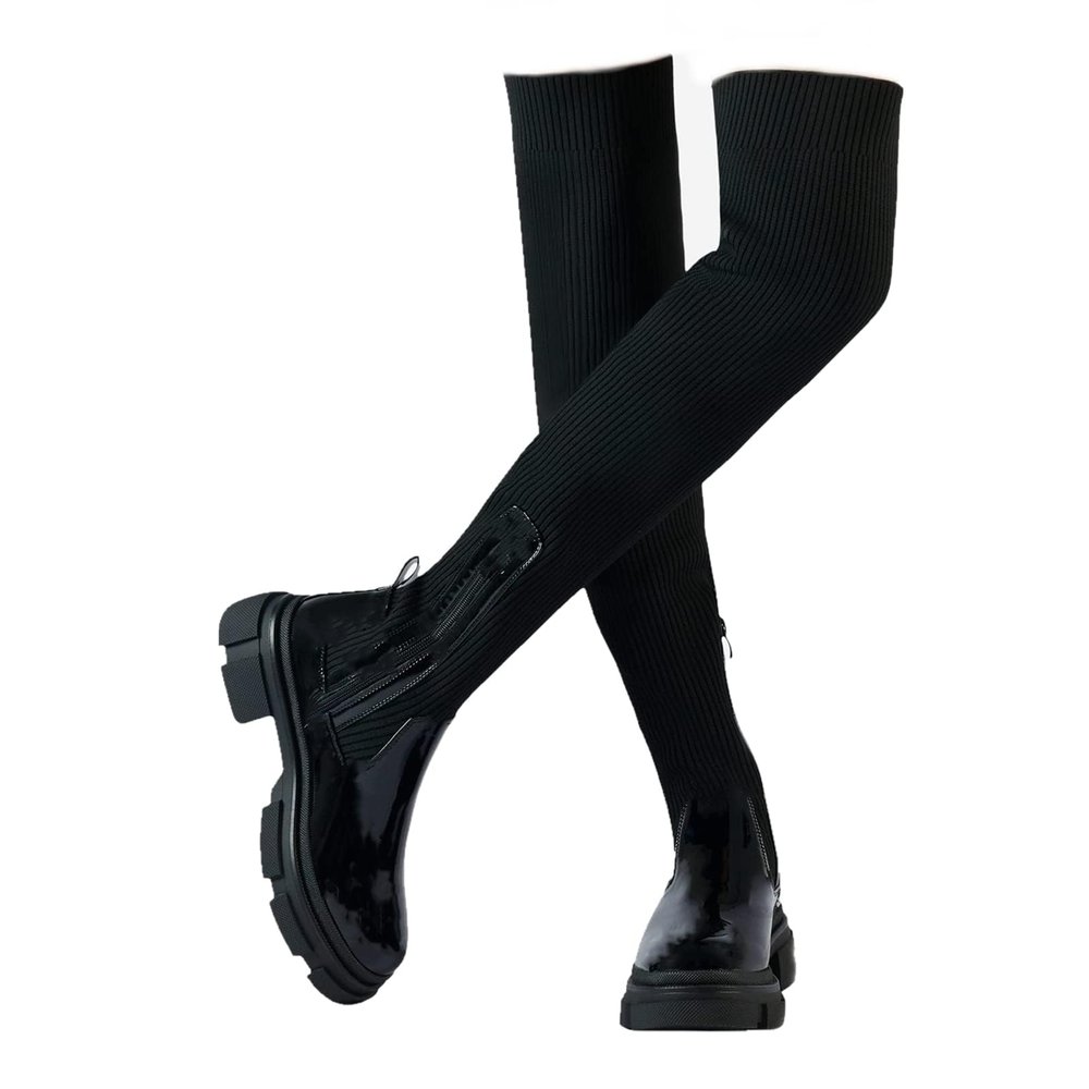 Women's Over The Knee Thigh Low Chunky Heel Boots Round-Toe Side Zip Knit Sock Long Boots Platform Chunky Heel Booties