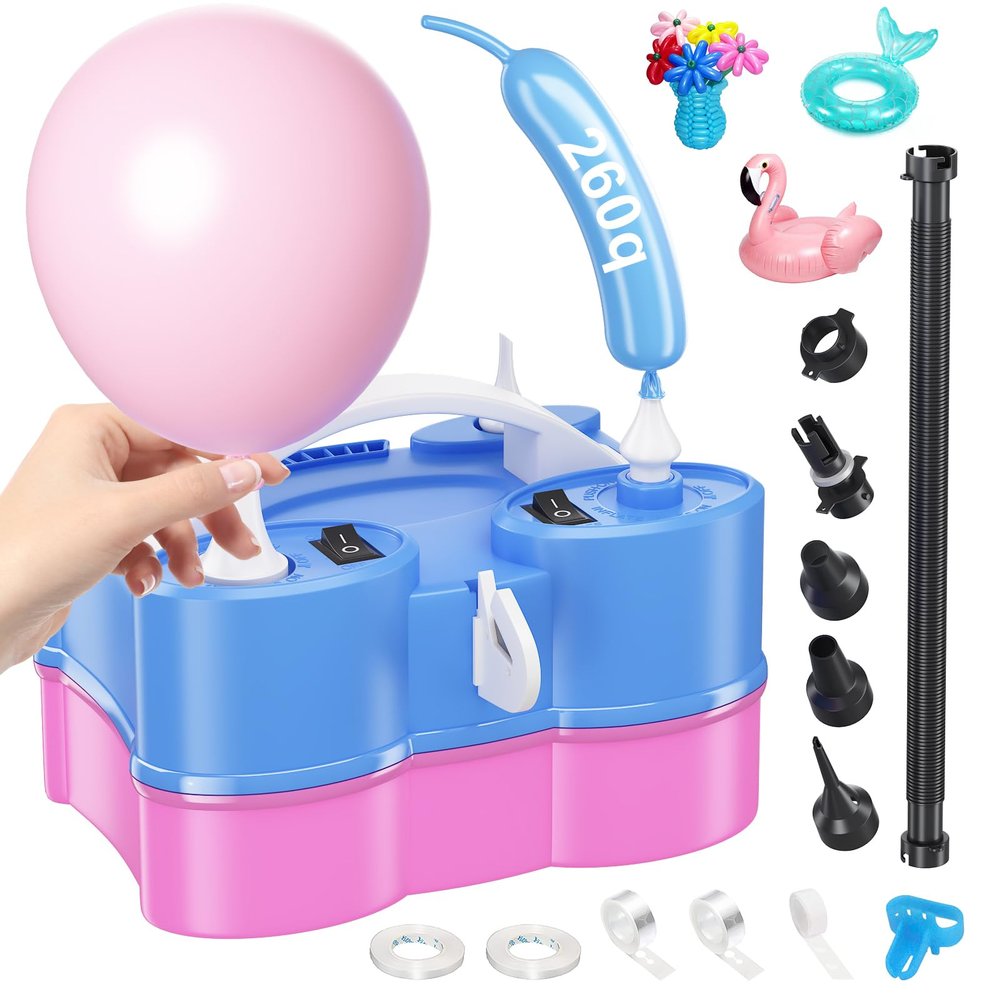 Electric Balloon Pump, Dagelar 3-in-1 Portable Air Balloon Pump for Latex 260Q Long Foil Balloons, 110V Automatic Dual Nozzle Inflator Deflator Inflatables, Pool Floats Raft, Air Mattress (Blue Pink)