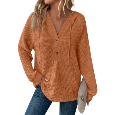 Cool V Neck Sweaters for Women Oversized Hoodies for Women Loose V Neck Waffle Knit Hooded Pullover Sweatshirt Casual Long Sleeve Button Up Fall Sweater Plus Size Knit T Shirts for Women Ginger