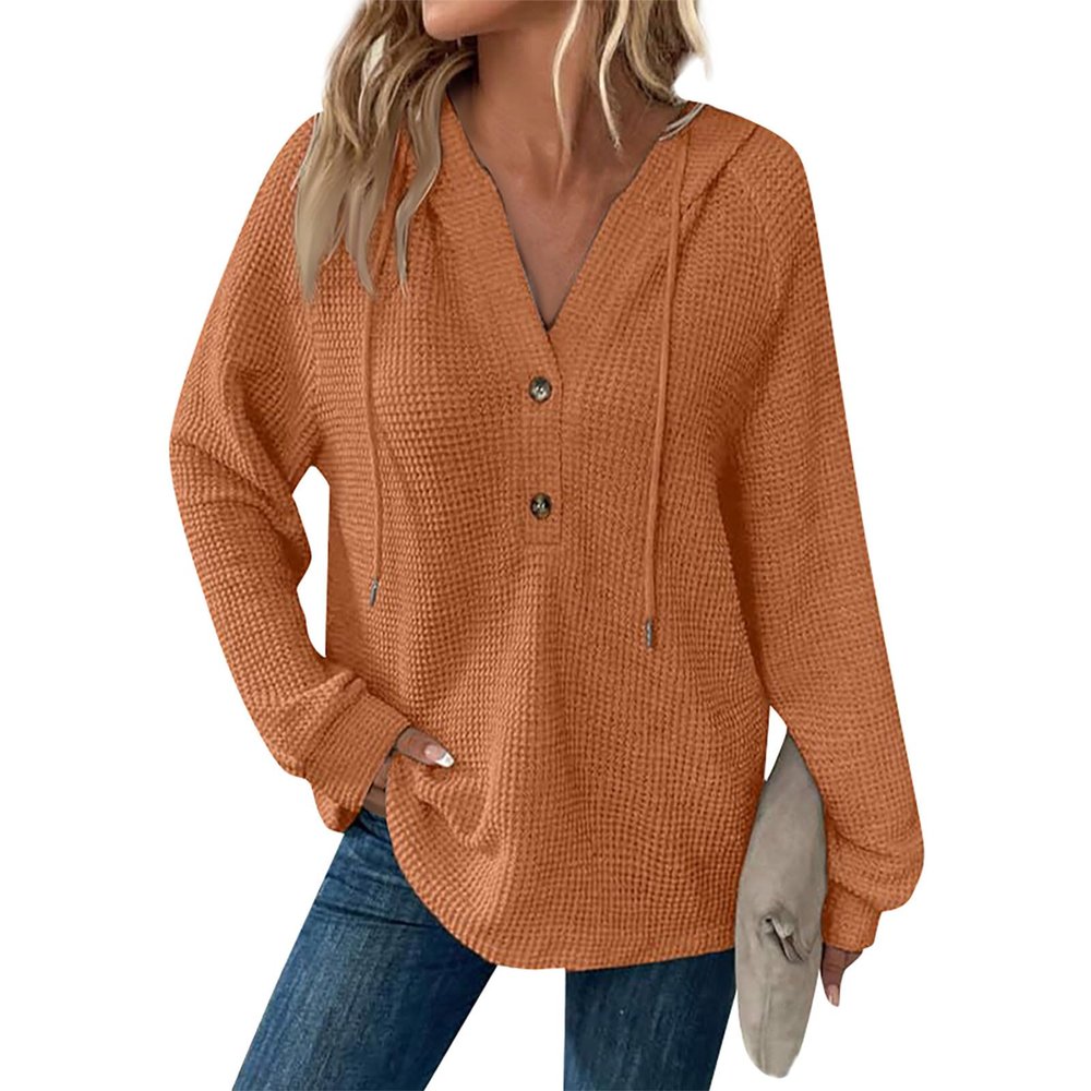 Cool V Neck Sweaters for Women Oversized Hoodies for Women Loose V Neck Waffle Knit Hooded Pullover Sweatshirt Casual Long Sleeve Button Up Fall Sweater Plus Size Knit T Shirts for Women Ginger
