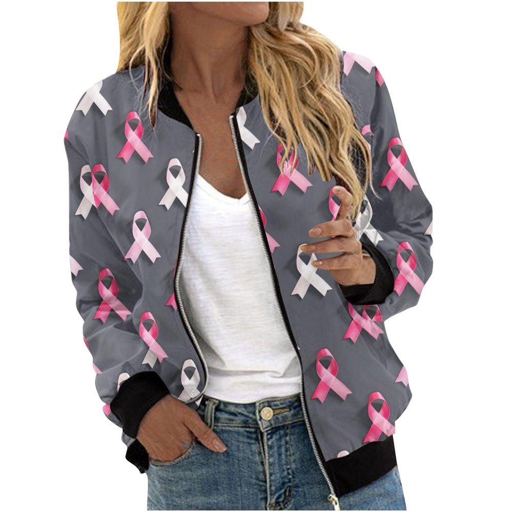 Breast Cancer Awareness Jackets for Women Long Sleeve Zip Up Casual Coats Fall Fashion Outfits Winter Clothes 2025