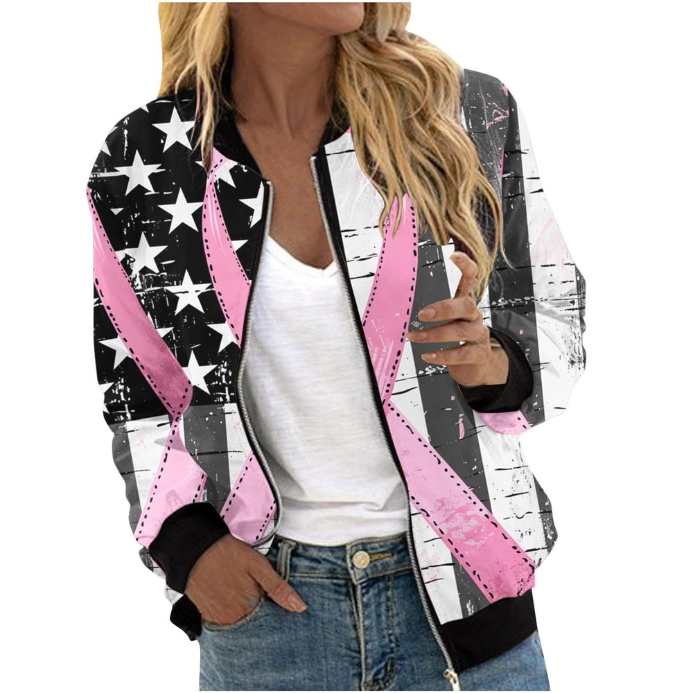 Breast Cancer Awareness Jackets for Women Long Sleeve Zip Up Casual Coats Fall Fashion Outfits Winter Clothes 2025