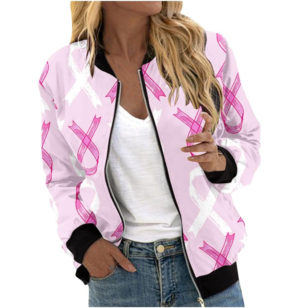 Breast Cancer Awareness Jackets for Women Long Sleeve Zip Up Casual Coats Fall Fashion Outfits Winter Clothes 2025