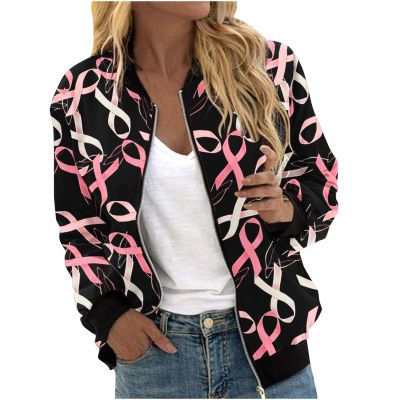 Breast Cancer Awareness Jackets for Women Long Sleeve Zip Up Casual Coats Fall Fashion Outfits Winter Clothes 2025