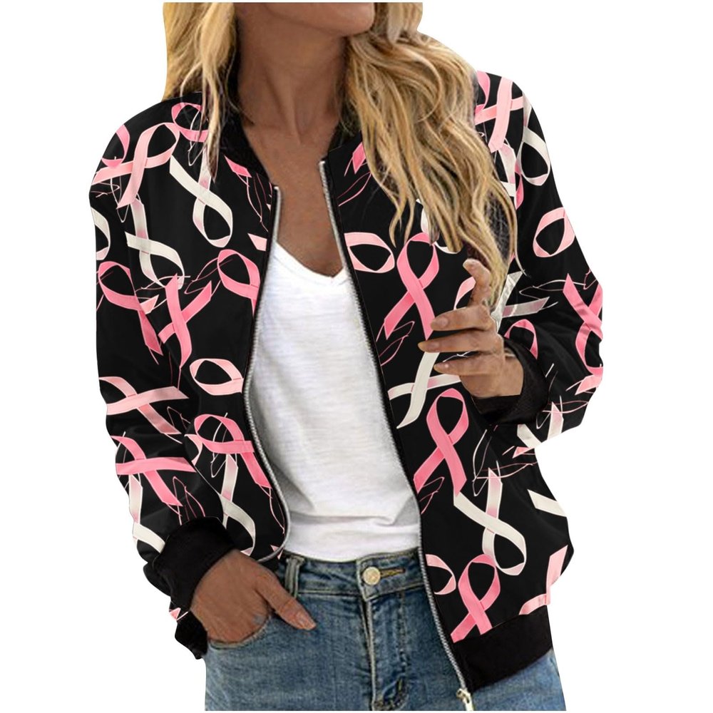 Breast Cancer Awareness Jackets for Women Long Sleeve Zip Up Casual Coats Fall Fashion Outfits Winter Clothes 2025