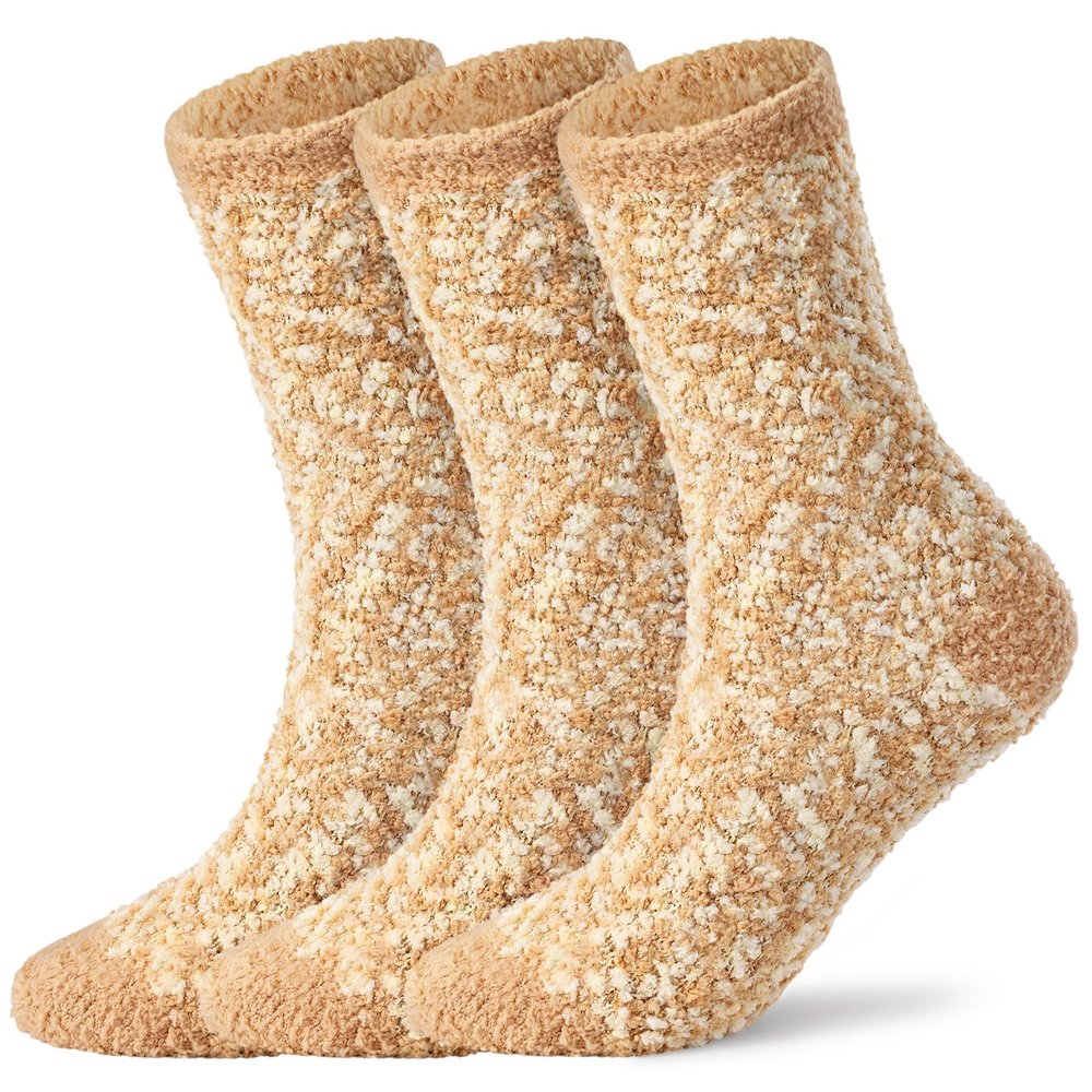 Litfun Fuzzy Socks for Women Cozy Fluffy Winter Warm Sleep Socks Super Comfy and Soft, 3 Pairs, Khaki, M