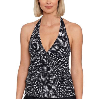 Swim Solutions Womens Printed Halter Tankini Swim Top B/W 16 Black/White