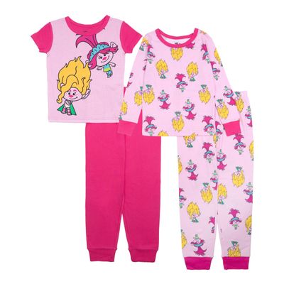 Trolls Girls' 4-Piece Snug-fit Cotton Pajama Set, Soft & Cute for Kids, TROLLS LOVE FUN, 8