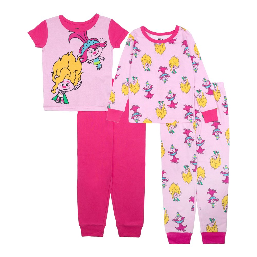 Trolls Girls' 4-Piece Snug-fit Cotton Pajama Set, Soft & Cute for Kids, TROLLS LOVE FUN, 8