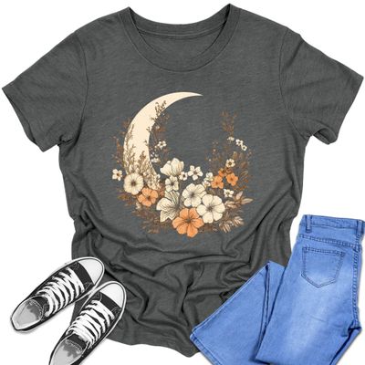 Girl's Short Sleeve Graphic Tees Cute Cottagecore Crescent Moon Shirt Back to School Floral Fall Tops Dark Grey Heather