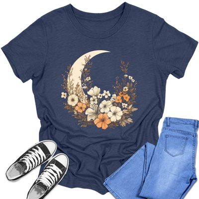 Girl's Short Sleeve Graphic Tees Cute Cottagecore Crescent Moon Shirt Back to School Floral Fall Tops Heather Navy