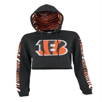 Zubaz NFL Women's Team Color Graphic Crop Top Hoodie with Zebra Sleeves and Hood Liner - Cincinnati Bengals, Medium