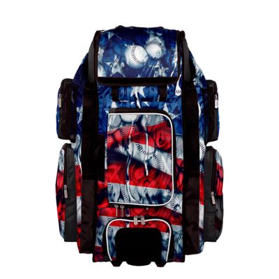 Boombah Superpack XL Rolling Bat Bag - 35.5" x 13.5" x 10" - Telescopic Handle - Holds 8 Bats - Wheeled Version - USA Baseball Ballpark Black/Royal Blue/Red