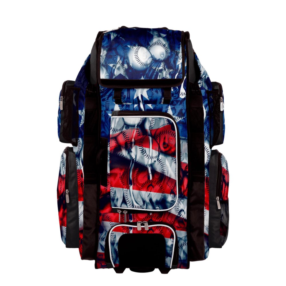 Boombah Superpack XL Rolling Bat Bag - 35.5" x 13.5" x 10" - Telescopic Handle - Holds 8 Bats - Wheeled Version - USA Baseball Ballpark Black/Royal Blue/Red