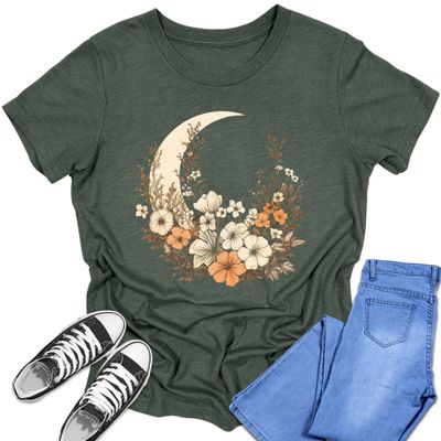 Girl's Short Sleeve Graphic Tees Cute Cottagecore Crescent Moon Shirt Back to School Floral Fall Tops