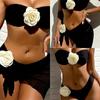 MOMOJIA 3Pcs Women Bandeau Swimsuit Set with Beach Wrap Skirt Two Pieces Strapless Swimming Costume with Bandeau Swim Top view 3
