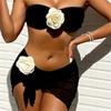 MOMOJIA 3Pcs Women Bandeau Swimsuit Set with Beach Wrap Skirt Two Pieces Strapless Swimming Costume with Bandeau Swim Top view 4