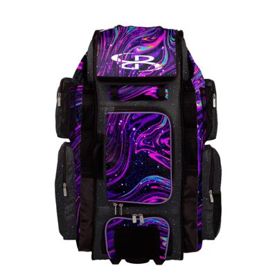 Boombah Superpack XL Rolling Bat Bag - 35.5" x 13.5" x 10" - Telescopic Handle - Holds 8 Bats - Wheeled Version - Supernova Black/Amethyst Orchid/White