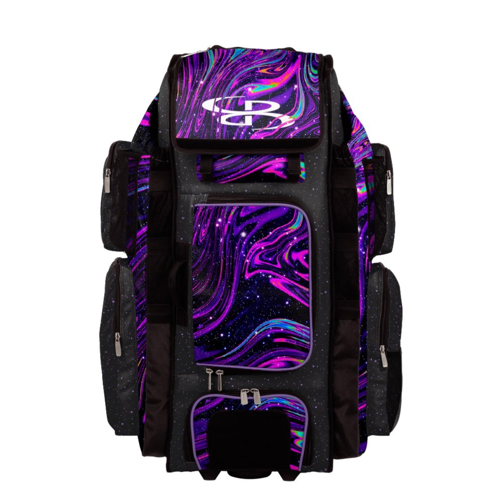 Boombah Superpack XL Rolling Bat Bag - 35.5" x 13.5" x 10" - Telescopic Handle - Holds 8 Bats - Wheeled Version - Supernova Black/Amethyst Orchid/White