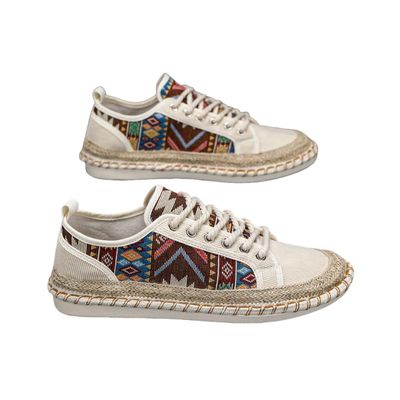 Dikermoon Men's Trendy Ethnic Style Low Top Skateboard Shoes, Comfy Non Slip Breathable Lace Up Sneakers for Men's Outdoor Activities (Beige Color,8)