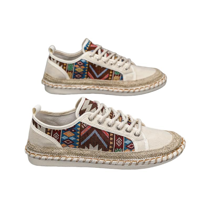 Dikermoon Men's Trendy Ethnic Style Low Top Skateboard Shoes, Comfy Non Slip Breathable Lace Up Sneakers for Men's Outdoor Activities (Beige Color,8)