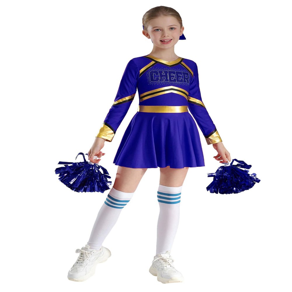 Freebily Cheer Leader Costume for Girls Sparkly Long Sleeve Cheleading Dance Dress with Pom-poms 6-16 Years Blue 8 Years