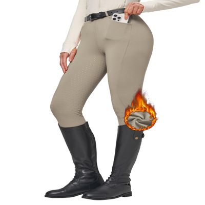 Willit Women's Fleece Riding Breeches Winter Horse Riding Pants Tights Equestrian Thermal Schooling Tights Khaki M