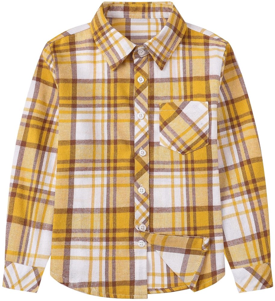 Betusline Girls' Plaid Flannel Shirt, Kids Long Sleeve Button Button Shirts Tops,F Yellow & Brown #111-12 Years= Tag 180
