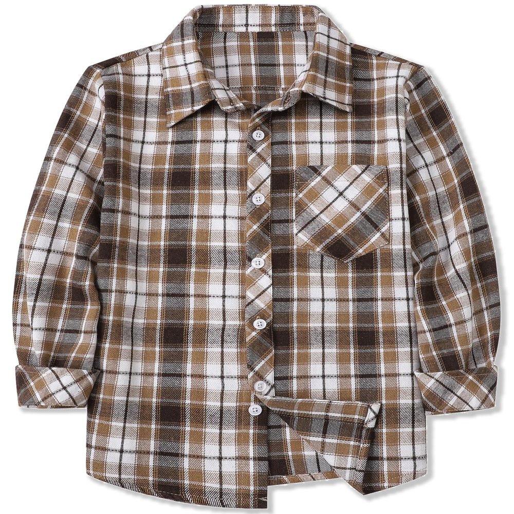 Boys & Toddler Plaid Button Down Shirt Long Sleeve Flannel Shirt Tops, Flannel# Dark Brown White, 18-24 Month = Tag 90